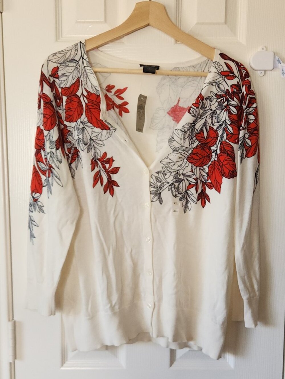 Ann Taylor Button Up Cardigan with Red and Outline Leaf Print